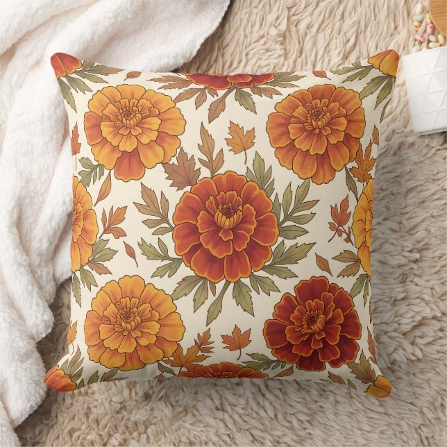 Autumn marigold flower pattern throw pillow (Blanket)