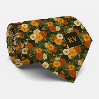 Autumn Marigold Garden Flower Monogrammed Neck Tie