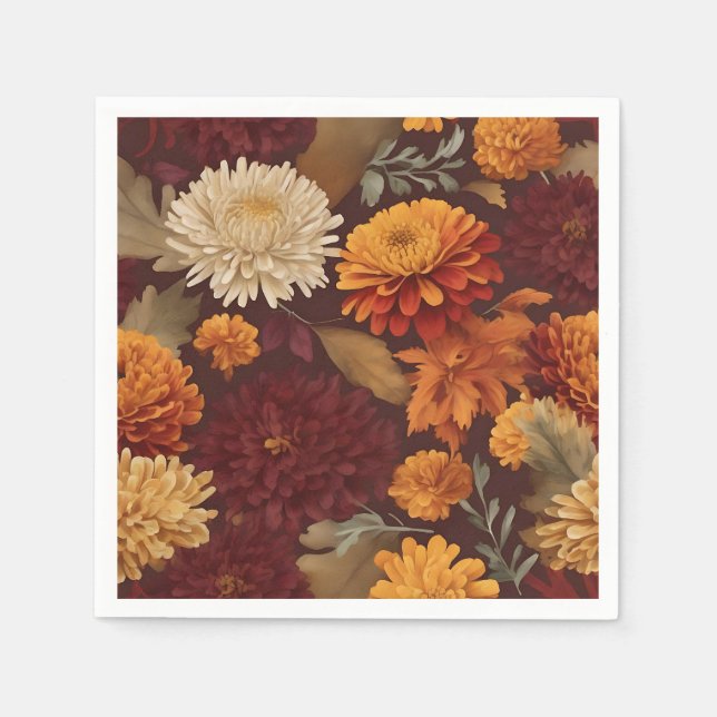 Autumn Marigolds Chrysanthemums and Asters Pattern Napkins (Front)