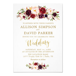 Autumn Marsala Floral Gold Elegant Wedding Card