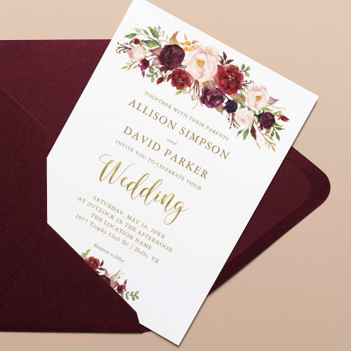 Autumn Marsala Floral Gold Elegant Wedding Card