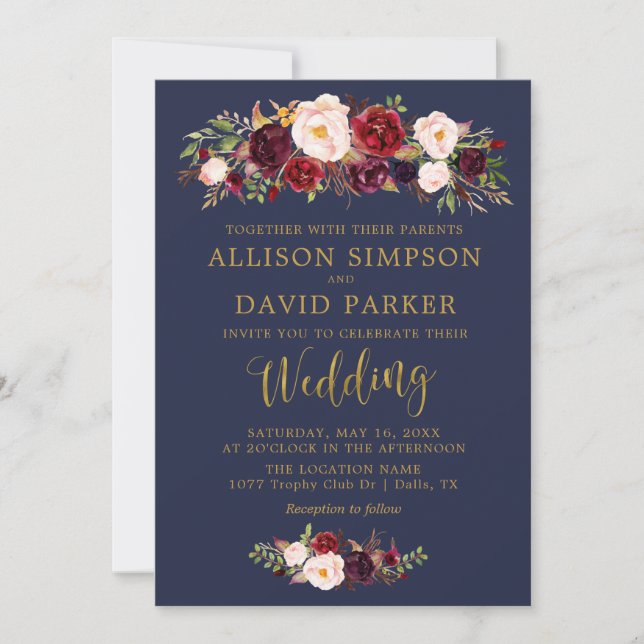 Autumn Marsala Floral Navy Elegant Wedding Card (Front)