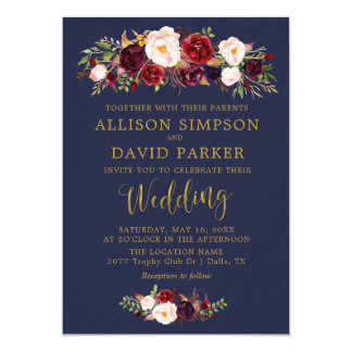 Autumn Marsala Floral Navy Elegant Wedding Card