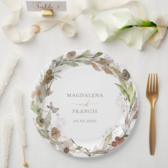 autumn meadow flowers wreath wedding paper plates (Wedding)
