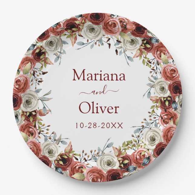 Autumn Mix Watercolor Floral Wedding Paper Plates (Front)