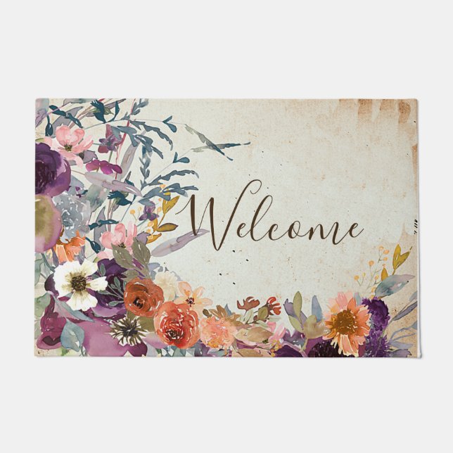Autumn mixed watercolor floral customizable doormat (Front)