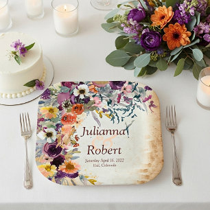 Autumn mixed watercolor floral wedding paper plates