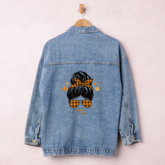 Autumn Mom Messy Bun Buffalo Plaid Sunglasses Fall Denim Jacket
