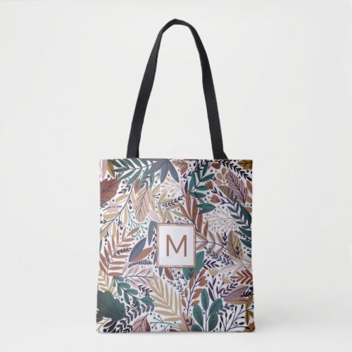 Autumn Monogram on Modern Fall Leaves Line Art Tote Bag