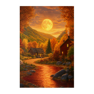 Autumn Moonlit Cabin Acrylic Wall Art