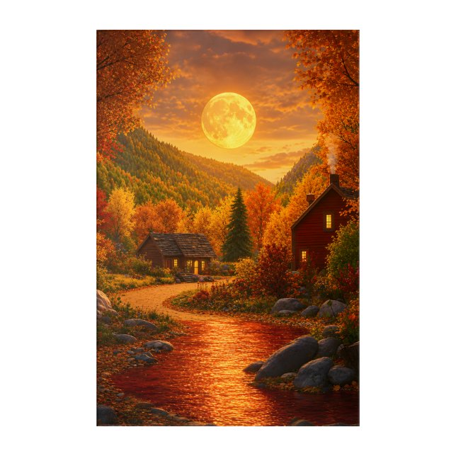 Autumn Moonlit Cabin Acrylic Wall Art (Front)