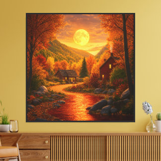 Autumn Moonlit Cabin Canvas Print