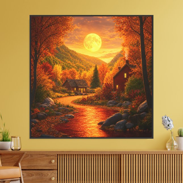 Autumn Moonlit Cabin Canvas Print (Insitu(LivingRoom))
