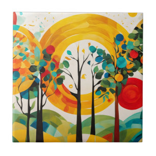 Autumn Morning Palette, Watercolor Abstract Forest Ceramic Tile