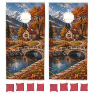 Autumn Mountain Cottage Landscape Cornhole Game 