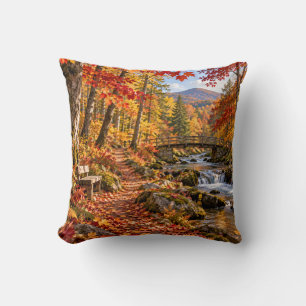 Autumn Mountain Forest Trail Throw Pillow