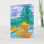 Autumn Mountain Lake Happy Birthday Brother Card<br><div class="desc">A fall season birthday card featuring a mountain lake during autumn with plants and bushes growing in the rocks and changing colors to bright yellows and oranges with a periwinkle sky sketched with ink and painted with watercolor.   You can customize the text to fit your needs.</div>