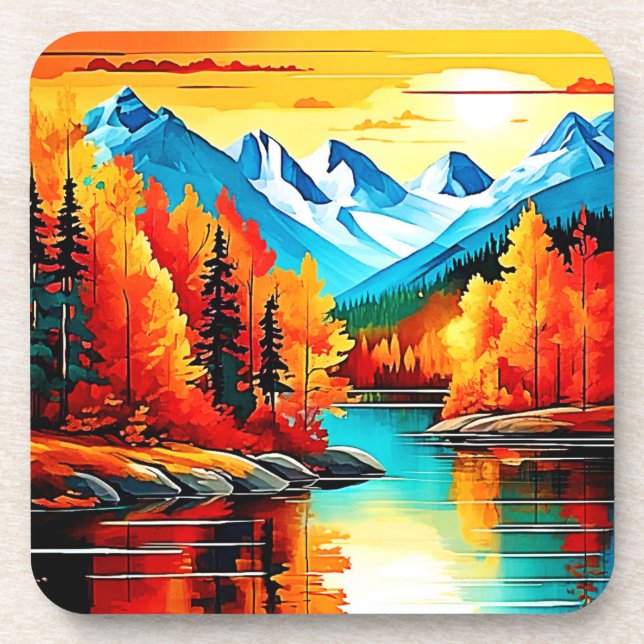 Autumn Mountain Lake Scene Beverage Coaster (Front)