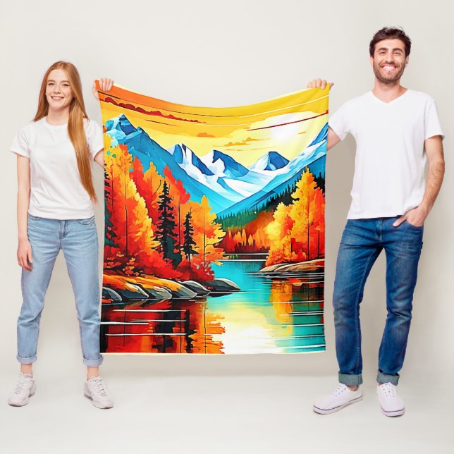 Autumn Mountain Lake Scene Fleece Blanket (In Situ)
