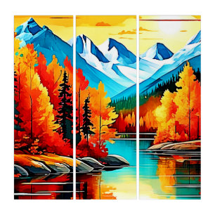 Autumn Mountain Lake Scene Triptych