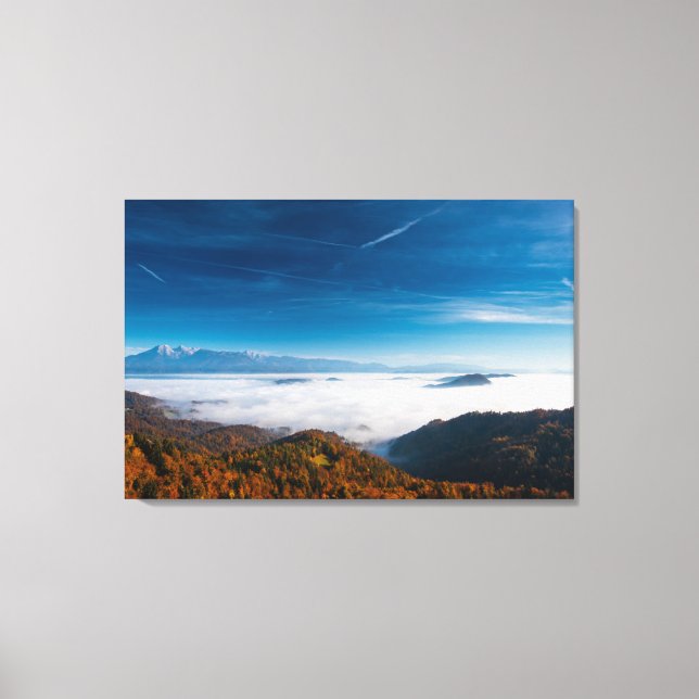 Autumn mountains and fog in the valley canvas print (Front)