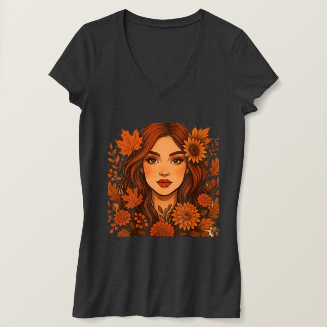 Autumn Muse – Woman with Fall Flowers T-Shirt (Design Front)