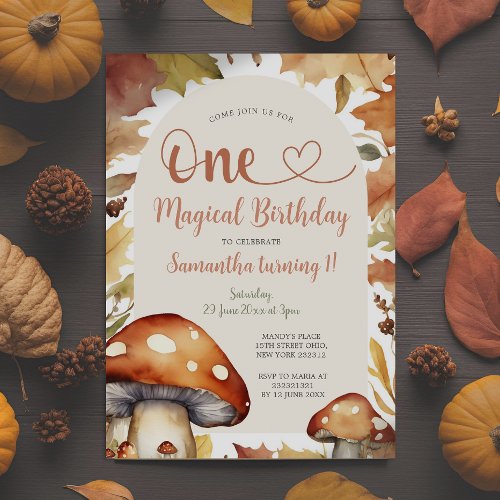 Autumn Mushroom Kids First Magical Birthday Party Invitation