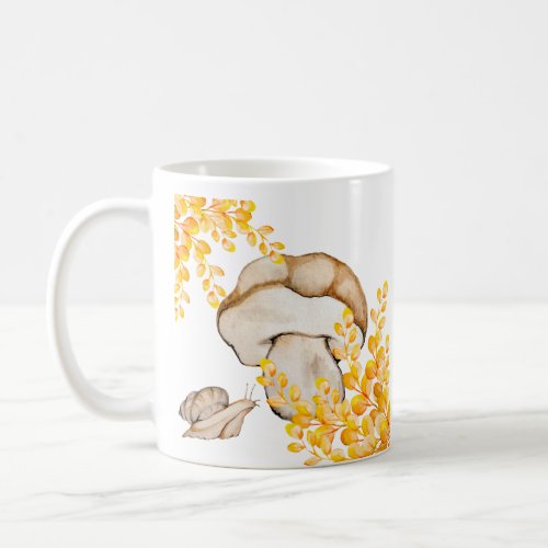 Autumn mushroom snail and yellow branches  coffee mug