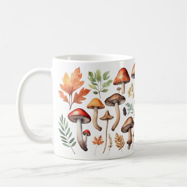 Autumn Mushrooms and Forest Leaves Illustration Coffee Mug (Left)