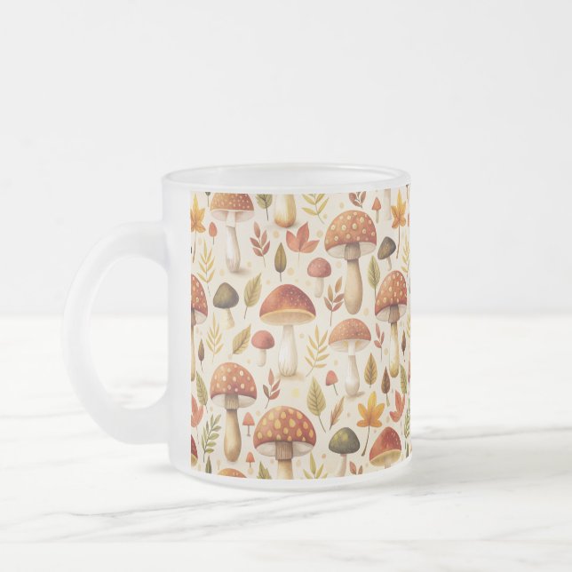 Autumn Mushrooms Frosted Glass Coffee Mug (Left)