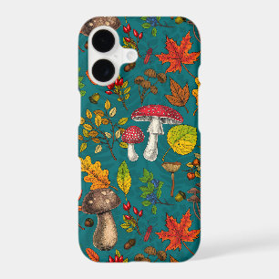 Autumn mushrooms, leaves, nuts and berries on blue iPhone 17 case