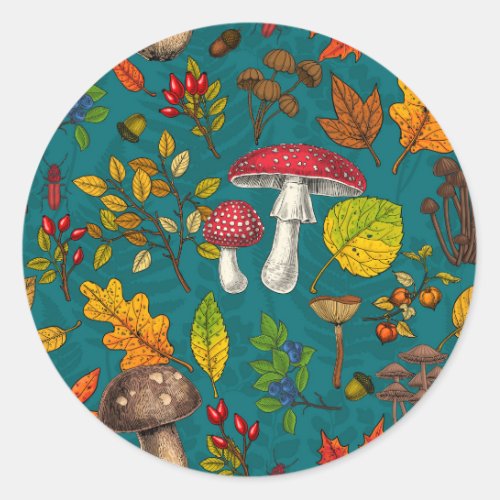 Autumn mushrooms leaves nuts and berries on blue classic round sticker