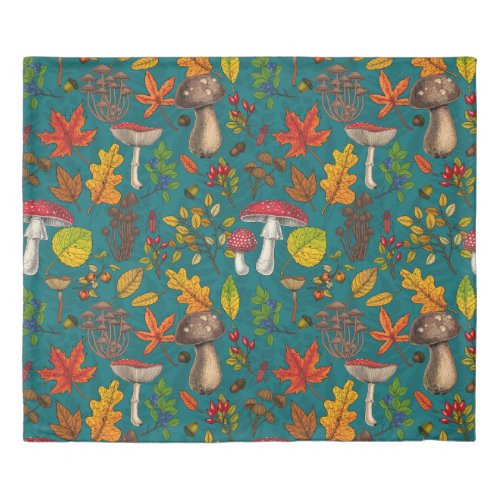 Autumn mushrooms leaves nuts and berries on blue duvet cover