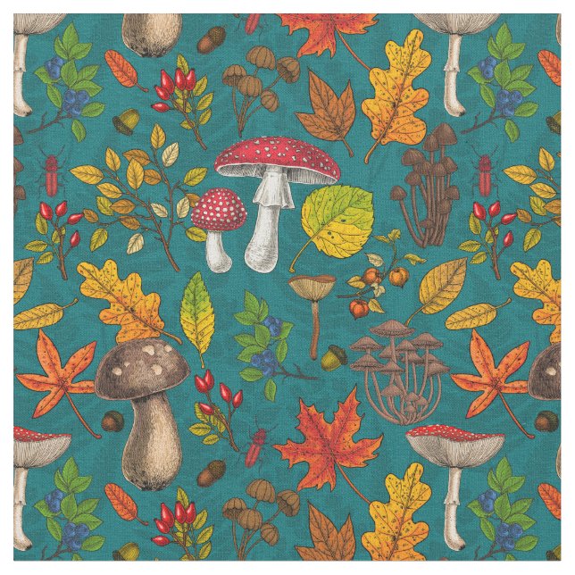Autumn mushrooms, leaves, nuts and berries on blue fabric (Close Up)