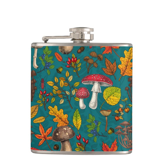 Autumn mushrooms, leaves, nuts and berries on blue flask (Front)