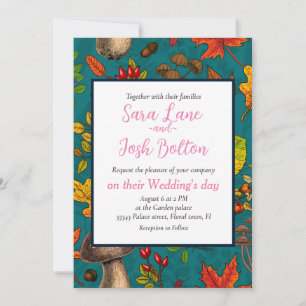 Autumn mushrooms, leaves, nuts and berries on blue invitation