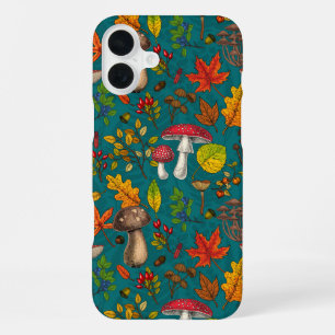 Autumn mushrooms, leaves, nuts and berries on blue iPhone 16 plus case