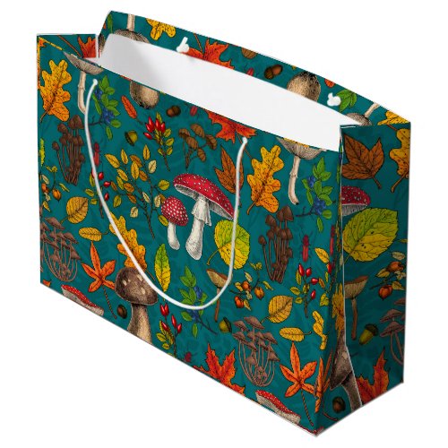 Autumn mushrooms leaves nuts and berries on blue large gift bag