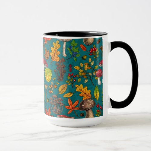 Autumn mushrooms leaves nuts and berries on blue mug