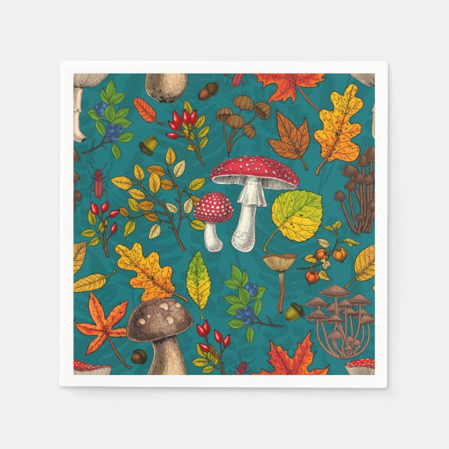 Autumn mushrooms, leaves, nuts and berries on blue napkins (Front)