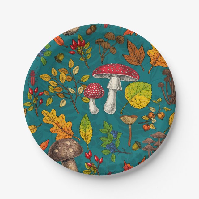 Autumn mushrooms, leaves, nuts and berries on blue paper plates (Front)