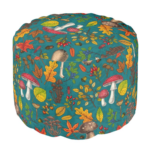 Autumn mushrooms, leaves, nuts and berries on blue pouf (Angled Front)