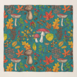 Autumn mushrooms, leaves, nuts and berries on blue scarf<br><div class="desc">Hаnd-painted vector pattern with various autumn mushrooms,  fallen leaves,  acorns,  berries and bugs</div>