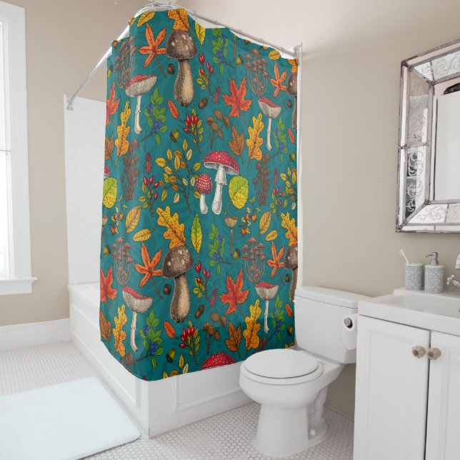Autumn mushrooms, leaves, nuts and berries on blue shower curtain (In Situ)