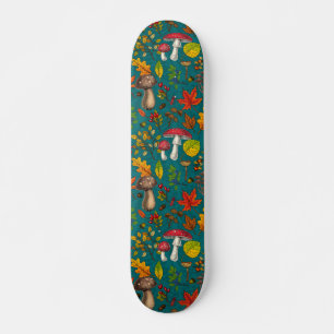 Autumn mushrooms, leaves, nuts and berries on blue skateboard