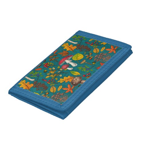Autumn mushrooms leaves nuts and berries on blue trifold wallet