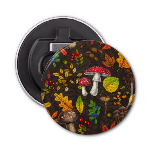 Autumn mushrooms, leaves, nuts and berries on dark bottle opener
