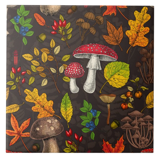 Autumn mushrooms, leaves, nuts and berries on dark ceramic tile (Front)