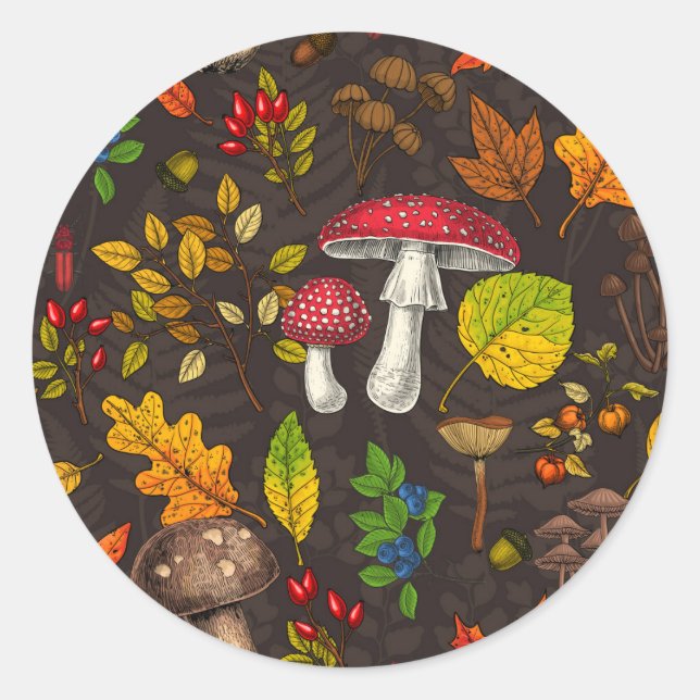 Autumn mushrooms, leaves, nuts and berries on dark classic round sticker (Front)