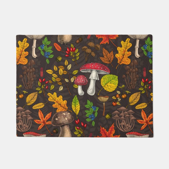 Autumn mushrooms, leaves, nuts and berries on dark doormat (Front)